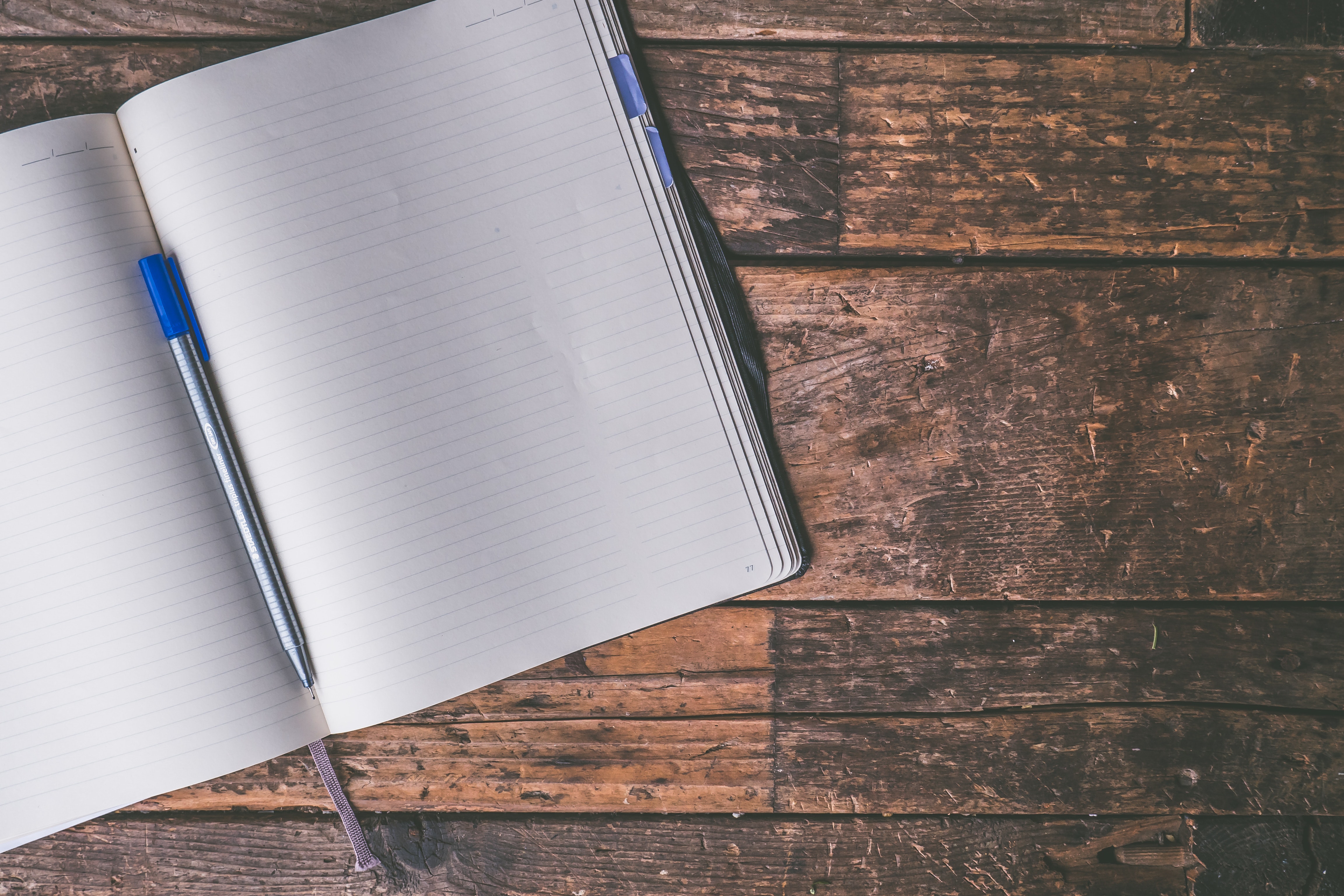 Ball Point Pen on Opened Notebook on Wooden Table